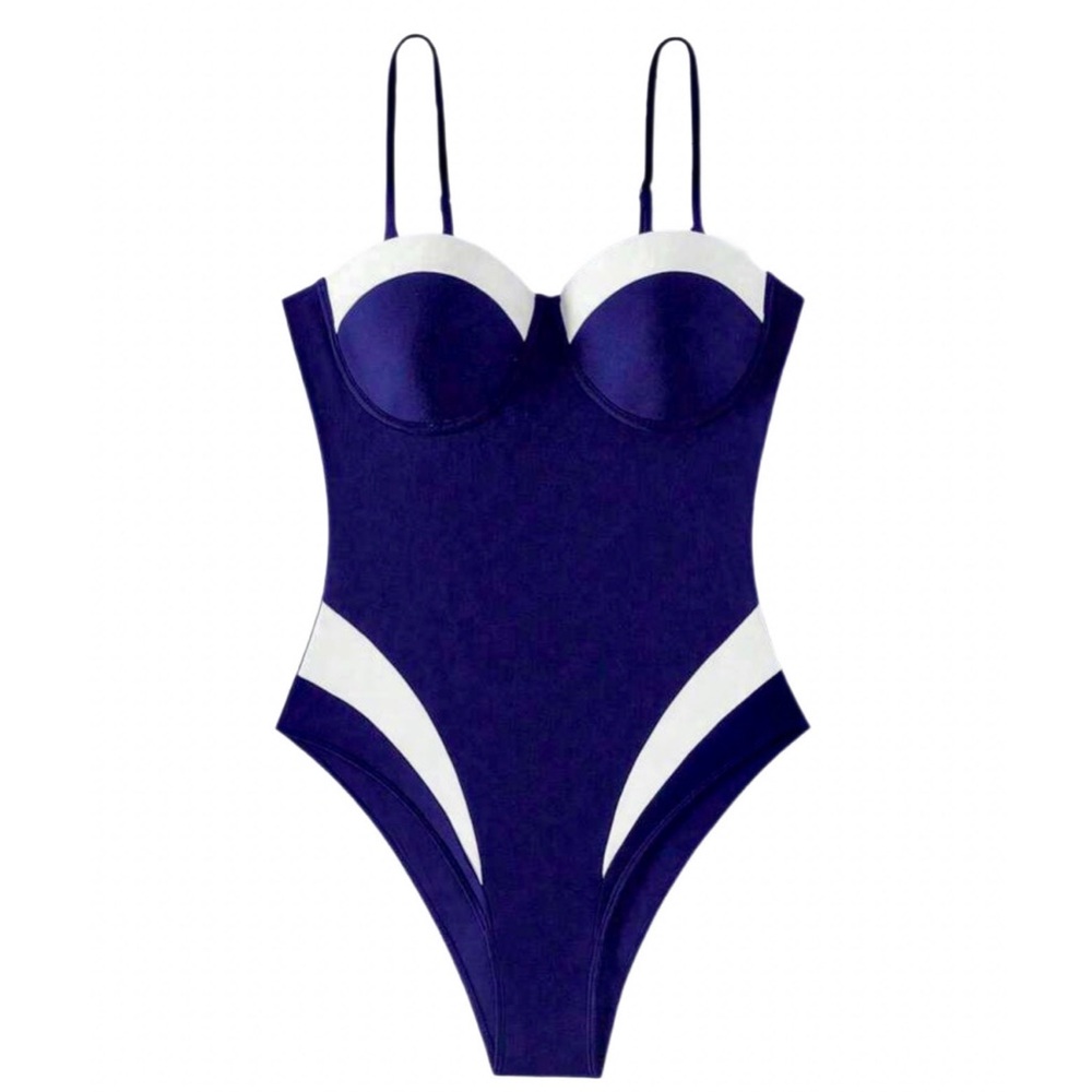 Navy Blue & White Colorblock One Piece Swimsuit
